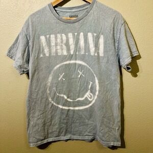 Nirvana‎ T-Shirt Acid Wash Blue Gray Cotton Grunge Size L